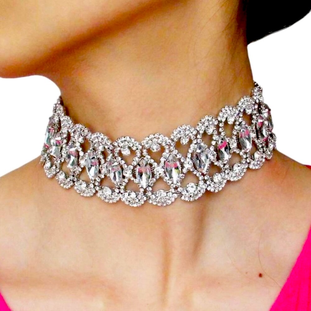 Elegant Silver Crystal Choker Necklace